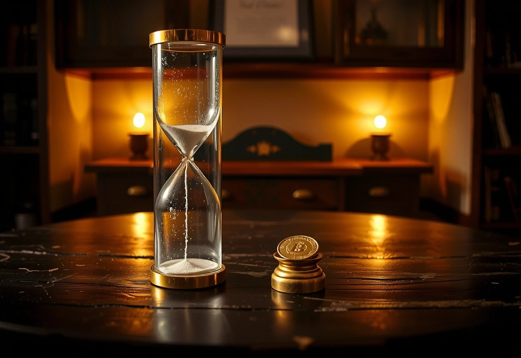Złocista klepsydra i moneta na drewnianej powierzchni